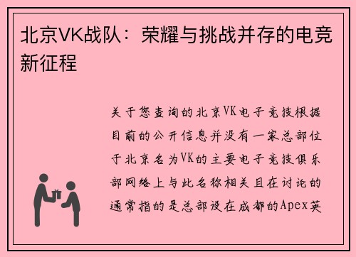 北京VK战队：荣耀与挑战并存的电竞新征程